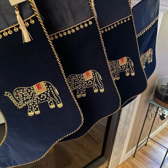 Ten Thousand Villages Beaded Elephant Velour Dark Blue and Gold Stockings x 4 - Picture 7 of 15
